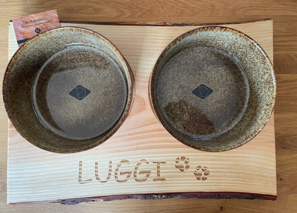 personalisiertes Keramik-Hundenapf-Set aus Echtholz mit Gravur
